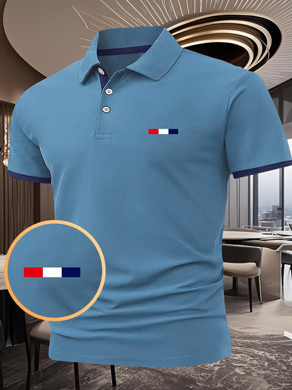 Men'S Light Blue Polo Shirt with Geometric Print - Short Sleeve, Button-Up Collar, Casual Summer Top for Outdoor Sports & Leisure, Comfortable Fit, Casual Summer Wear | Geometric Print Shirt | Comfortable Fit Shirt