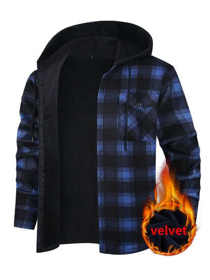 Men's Fleece-Lined Hoodie - Casual & Sporty, Plaid Pullover with Button Detail, Long Sleeve, Loose Fit for Fall/Winter