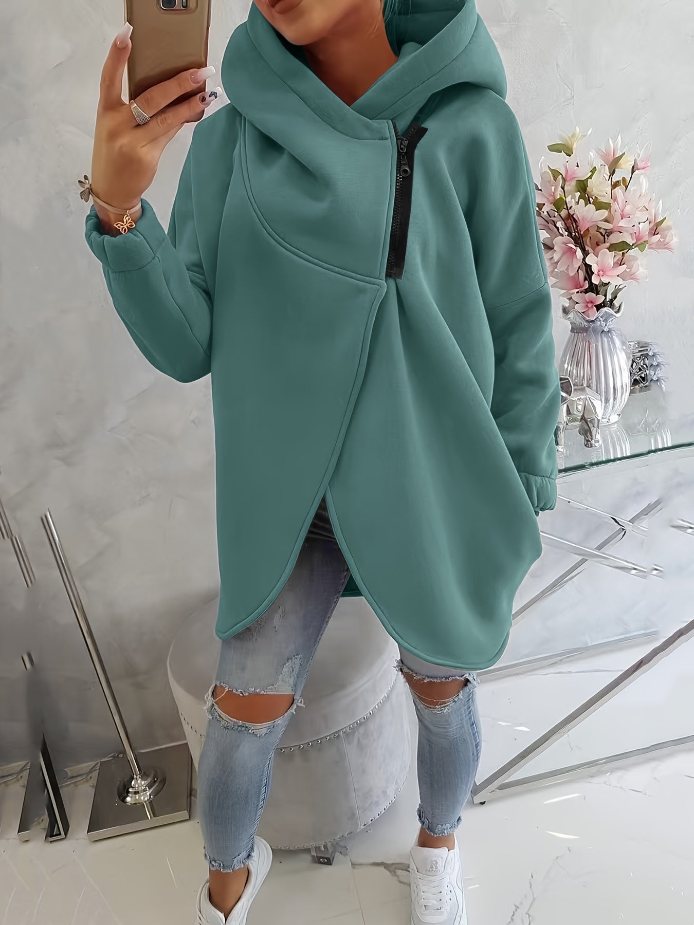 Women'S Casual Black Hooded Jacket with Front Pockets - Long Sleeve, Ripped Jeans & White Sneakers, Perfect for Spring/Fall, Autumn Fashion Jacket | Relaxed Fit Hoodie | Zippered Hoodie