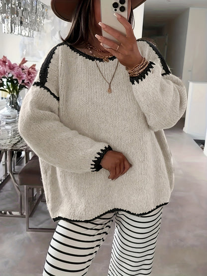 Solid Off-the-Shoulder Color Block Knit Sweater - Casual, Polyester, Fall/Winter, Knit Fabric, 88.2 g/m²
