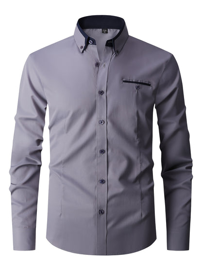 Men's Contrast Collar Design Lapel Collar Design Dress Shirts, Long Sleeve Casual Button Up Shirt For Formal Occasions