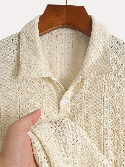 1pc Striped Knit Shirt for Men - Breathable Short Sleeve with Lace-Like Cut-Out Detail, Lightweight Casual Top, Hand Wash Only, Warm Weather Top, Textured Pattern, Delicate Knitwork, Men's Top, Stylish Men