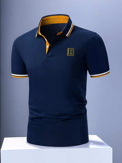 Men's Trendy Simple Letter Print Color Block Short Sleeve Button Up Lapel Shirt For Summer Daily, Golf Shirt