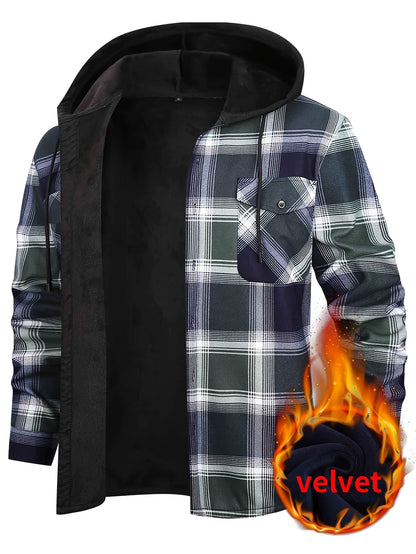 Men's Fleece-Lined Hoodie - Casual & Sporty, Plaid Pullover with Button Detail, Long Sleeve, Loose Fit for Fall/Winter