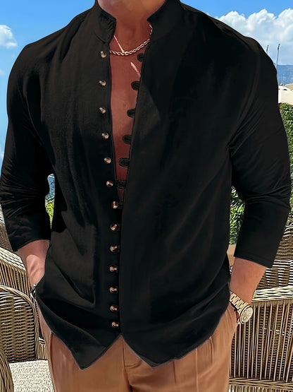 Men's Retro Casual Loose Long Sleeve Round Neck Button-Up Shirt, Gift for Eld, Gift for Ramadan