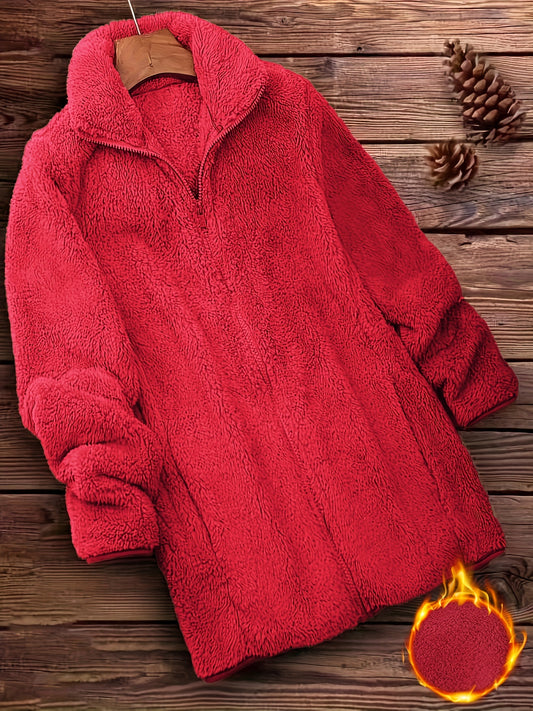 [Long Sleeve Winter Teddy Coat] Zip Up Solid Teddy Coat, Casual Long Sleeve Winter Outerwear, Women's Clothing