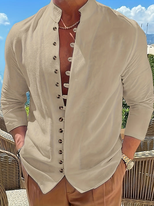 Men's Retro Casual Loose Long Sleeve Round Neck Button-Up Shirt, Gift for Eld, Gift for Ramadan