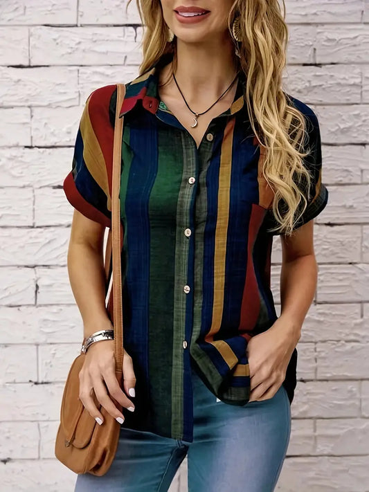 Striped Polyester Blouse Striped Print Button
