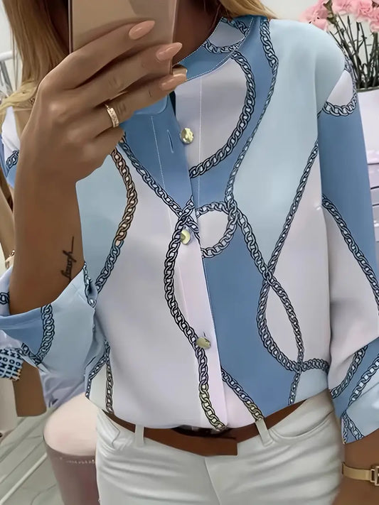 Geometric Polyester Blouse Chain Print Button