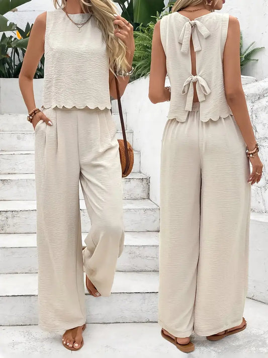 Solid Polyester Jacket 2-Piece Set Sleeveless