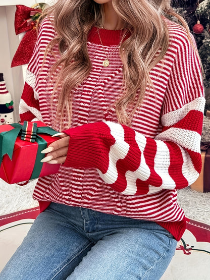 [Elegant Striped Sweater] Elegant & Comfortable Women's Red & White Striped Long Sleeve Pullover Sweater | Round Neck Casual Chic Top, All-Season Versatile Wardrobe Staple for Holiday & Casual Attire, Cute Sweaters, Festive Clothing