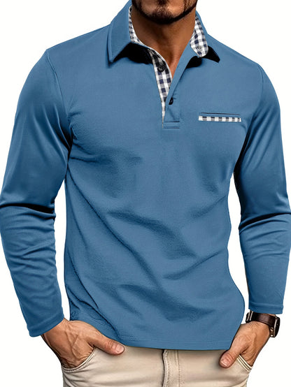 2024 Fall Casual Men'S Long Sleeve Polo Shirt with Color Block Design, Polyester Knit Fabric, Regular Fit, Half Placket, and Slight Stretch