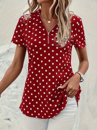 Elegant V Neck Short Sleeve Blouse - Polka Dots Print, Zipper Front, For Spring & Summer, Women's Clothing