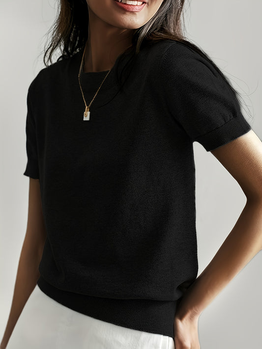 Women's Lightweight Casual Short Sleeve Top - Mustard Yellow Round Neck Medium Stretch Solid Color Shirt for Spring Summer Fall, Versatile Casual Attire, Seasonal Wardrobe Staple, Relaxed Fit, Breathable Material, Minimalist Style