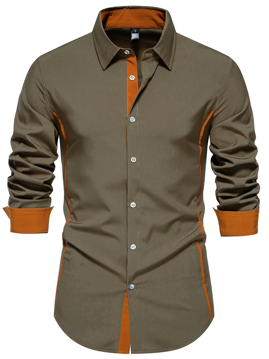 Casual Color Block Men's Long Sleeve Button Up Shirt, Men's Spring And Autumn Mature Blouse