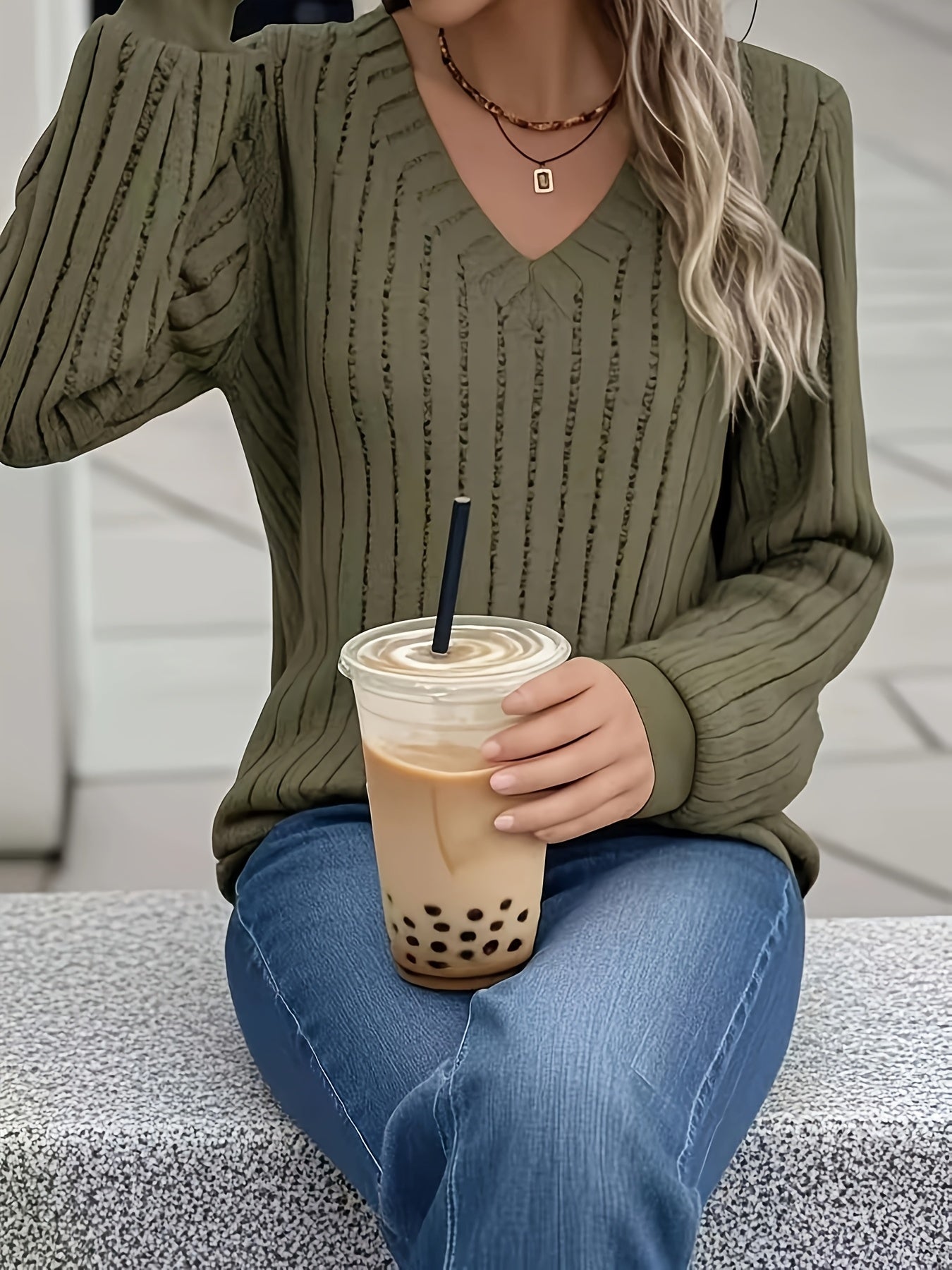 [Cozy Ribbed V-Neck Sweater] Cozy Olive Green Ribbed V-Neck Sweater - Women's Loose Fit, Casual Style, Perfect for Fall/Winter