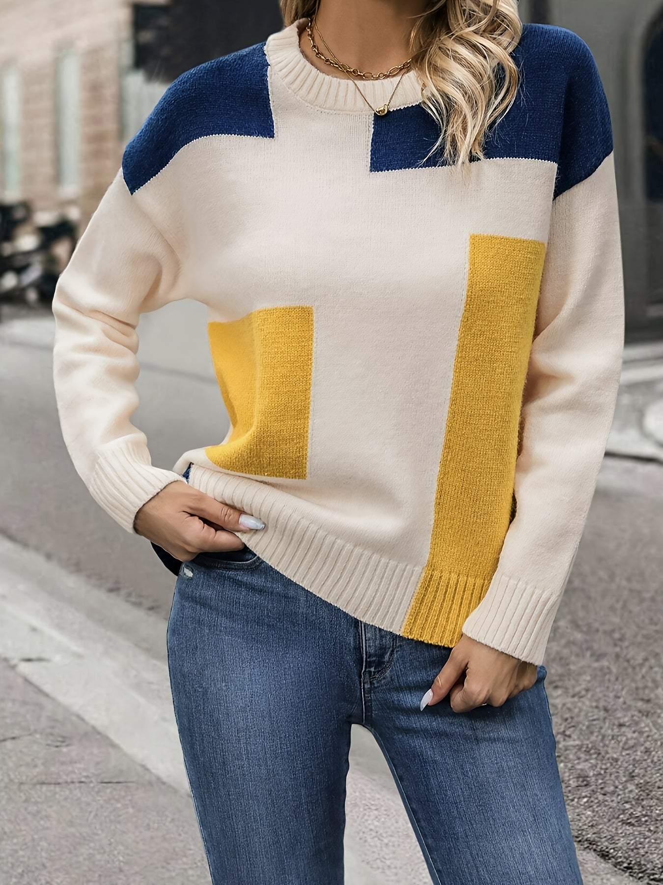 [Soft Sweater] Soft Women's Color-Block Round Neck Sweater | Relaxed Drop Shoulder Long Sleeve Pullover, Easy-Care Hand Wash/Dry Clean, Everyday Comfort Wear, Drop Shoulder Style, Quality Craftsmanship, Spring Fashion, Chic Knitwear, Lightweight