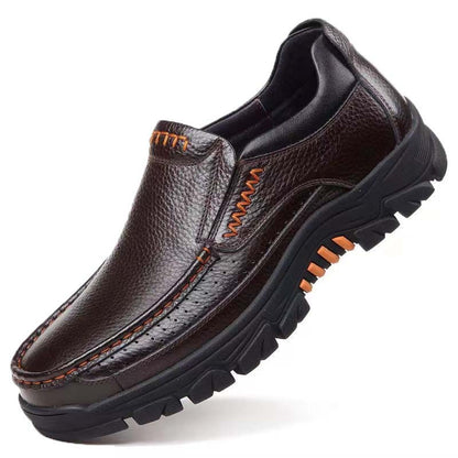 Men's Genuine Leather Slip-On Dress Shoes for Fathers Age 40-50 - Slip-Resistant Rubber Sole, Round Toe Comfort, All-Season Casual & Business Casual Shoes (Brown, Size Up to 50), Versatile Footwear | Side Zipper Design | Durable Footwear