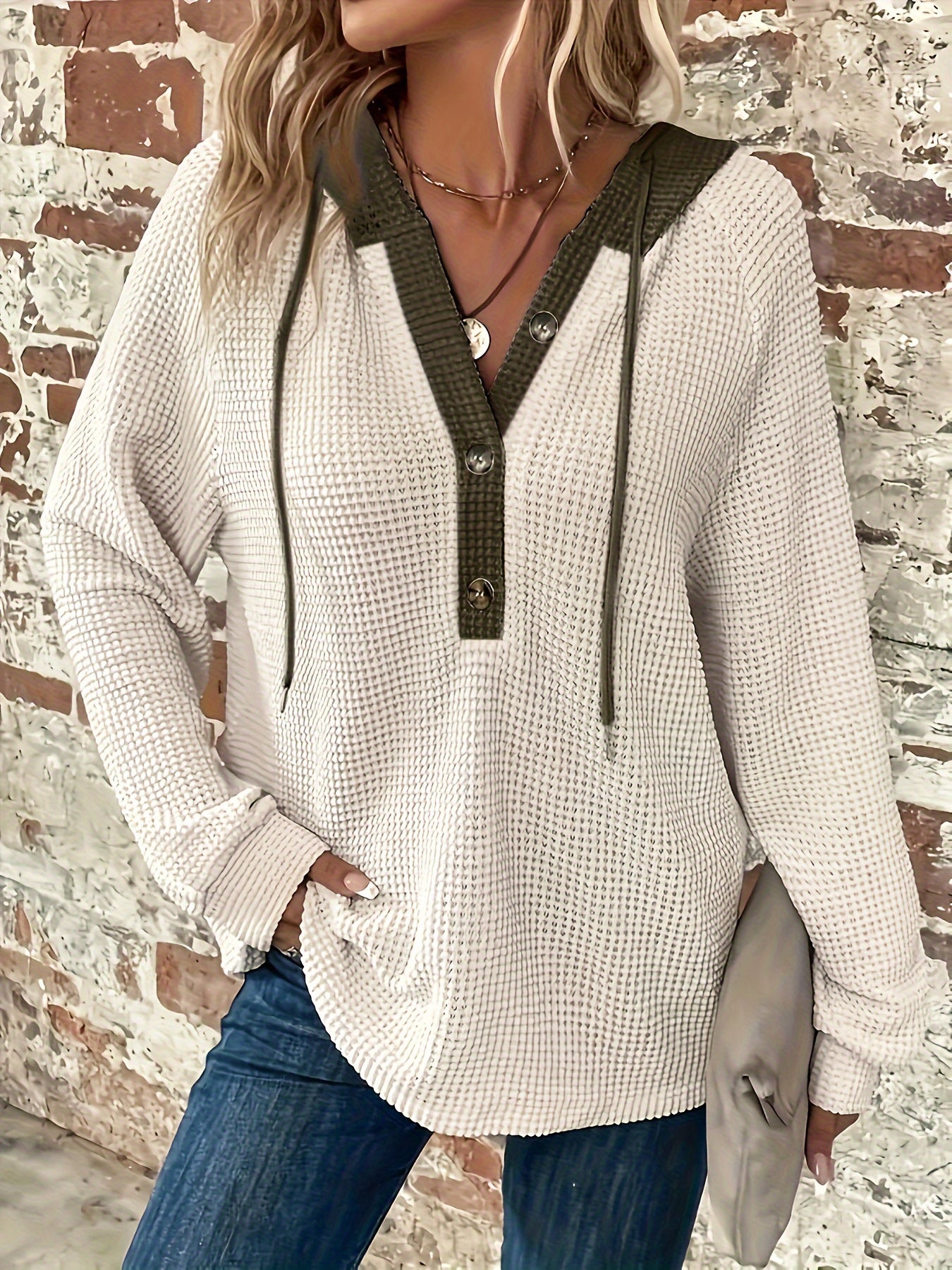 Color Block Button Front Drawstring Hoodie, Casual Long Sleeve Hoodie Sweatshirt, Women's Clothing