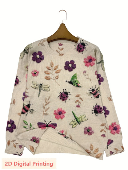 Women'S Lightweight Sweater - 2D Digital Printing-All-Over Floral & Insect Print in Beige/Red/Blue/Black/White/Gray/ - Soft Everyday Pullover for Fall/Winter - Casual Chic Sweater for Everyday & Formal Outfits - Women'S Sweater, Ladies Sweaters,