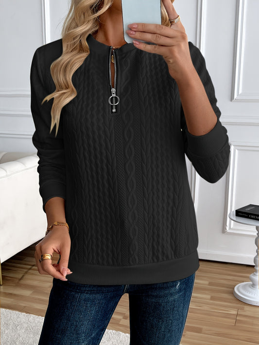 Chic Women's Half-Zip Pullover Sweatshirt - Elegant Solid Color Long Sleeve with Textured Cable Knit, Baseball Collar & Front Zipper, Polyester Blend, Machine Washable, Spring/Fall Casual Wear, Everyday Sweatshirt | Baseball Collar Top | Ribbed