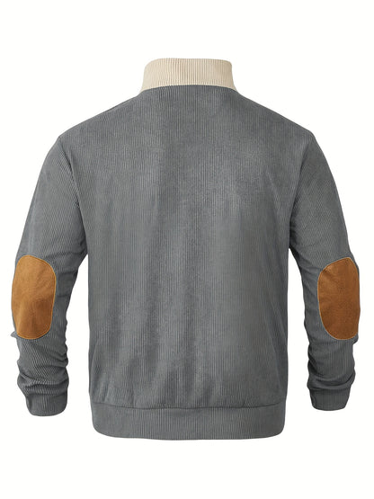 Retro Color Block Knitted Ribbed Sweater, Men's Casual Warm Mid Stretch Stand Collar Pullover Sweater For Men Fall Winter, Old Money Style