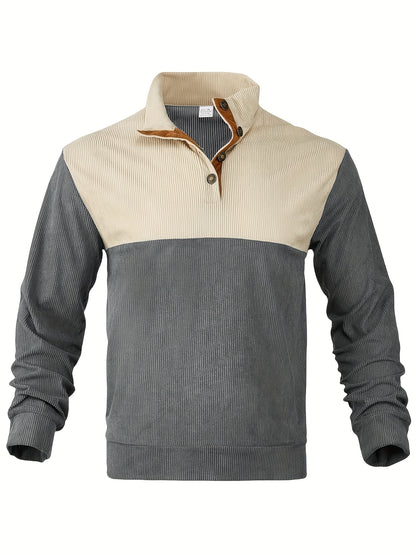 Retro Color Block Knitted Ribbed Sweater, Men's Casual Warm Mid Stretch Stand Collar Pullover Sweater For Men Fall Winter, Old Money Style