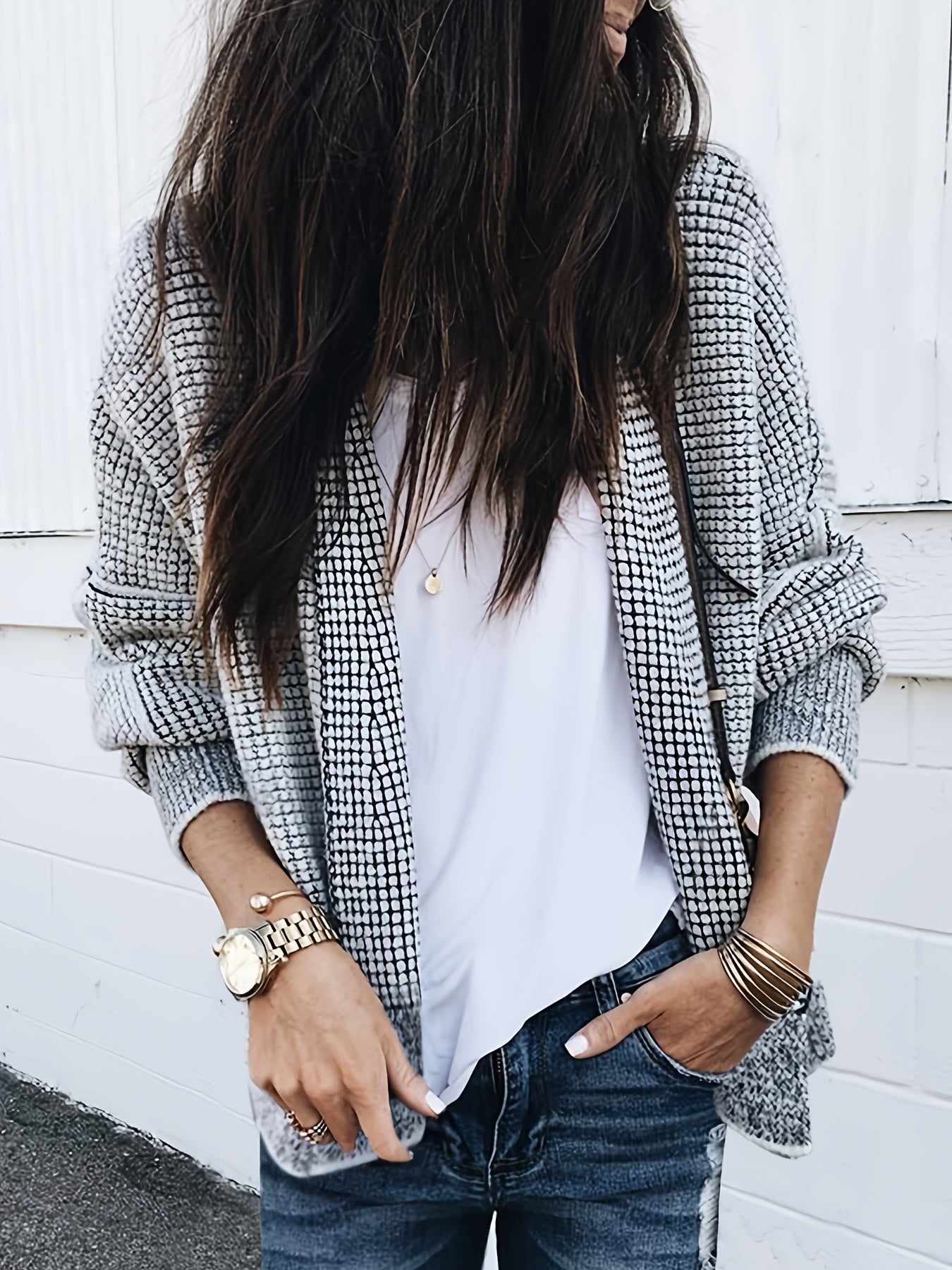 [Cozy Color-Block Cardigan] Women's Cozy Soft Grid-Pattern Color-Block Cardigan | Thick Open Front Sweater with Black & White Contrast, Fall Winter Layering Piece for Jeans & Dresses, Sweater Cardigan, Autumn Wardrobe, Colorblock Design, Durable