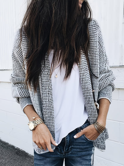 [Cozy Color-Block Cardigan] Women's Cozy Soft Grid-Pattern Color-Block Cardigan | Thick Open Front Sweater with Black & White Contrast, Fall Winter Layering Piece for Jeans & Dresses, Sweater Cardigan, Autumn Wardrobe, Colorblock Design, Durable