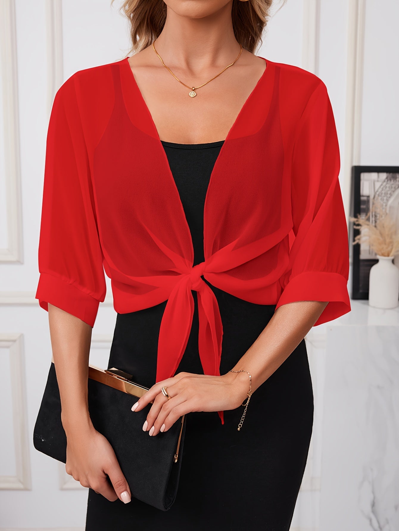 [Lightweight and Breathable] Elegant Shawl Wrap with Tie-Front Detail | Polyester | Lightweight and Breathable | Dress Accessory | Spring/Summer/Fall Events | Chic