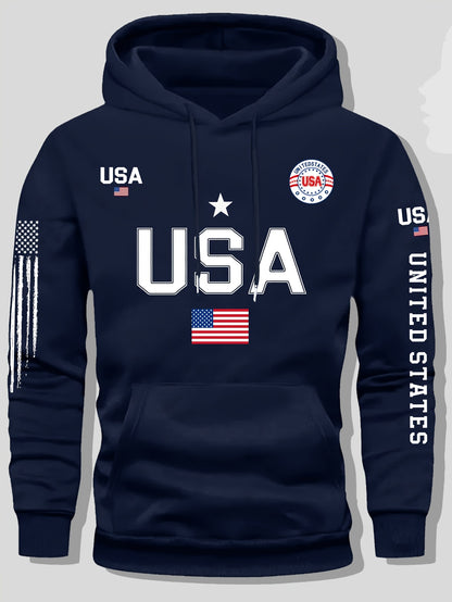 Men'S Fleece Hoodie with USA Flag Pattern, Unisex Casual Pullover with 'United States' Lettering, Suitable for Students And Couples, Stylish Sweatshirt for Autumn And Winter, 2025 Spring Pullover Sports Hoodie, Knit