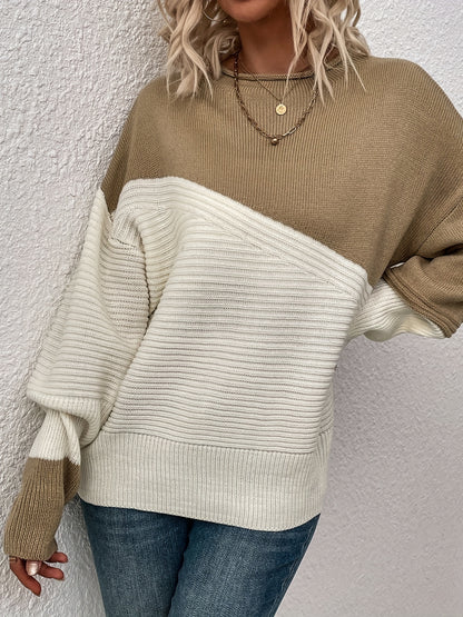 Womens Elegant Color Block Funnel Neck Pullover Sweater - Soft High Elasticity Acrylic Knit Fabric, Long Sleeve Drop Shoulder Design, Easy Care Hand Wash or Dry Clean, Perfect for Fall and Winter - Classic Style for Casual Daily Wear