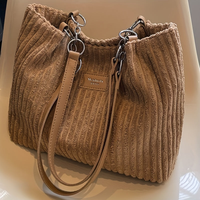 [Travel Essential] Women'S Corduroy Tote Bag - Large Capacity Shoulder Bag with Fixed Strap, Zipper Closure, and Ribbed Texture in Brown/Grey/Black/White for Commuting and Short Trips, Casual Shoulder Bag | Minimalist Shoulder Bag | Soft Texture