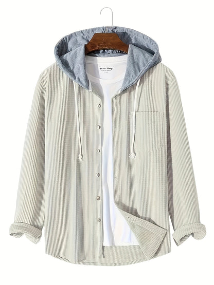 Men'S Casual Long Sleeve Hooded Jacket - Corduroy Solid Color with Pockets, Button-Up Front, Rayon Blend, Fall/Winter Outerwear, Casual Wear Hoodie | Hooded Sweatshirt | Textured Jacke