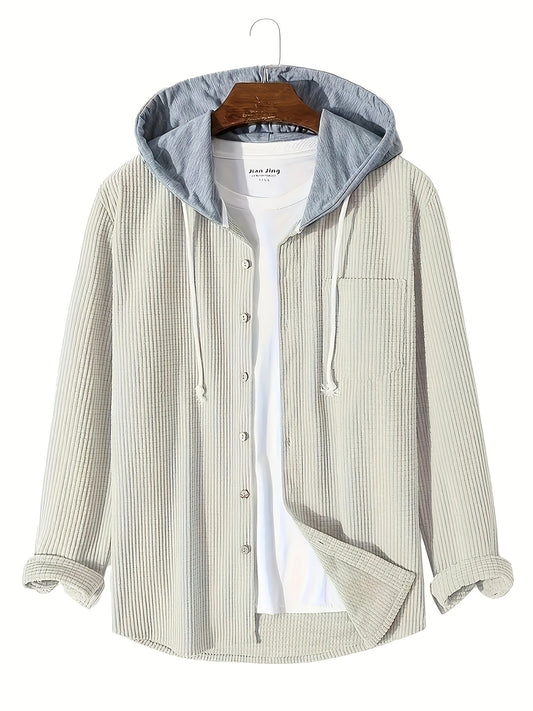 Men'S Casual Long Sleeve Hooded Jacket - Corduroy Solid Color with Pockets, Button-Up Front, Rayon Blend, Fall/Winter Outerwear, Casual Wear Hoodie | Hooded Sweatshirt | Textured Jacke