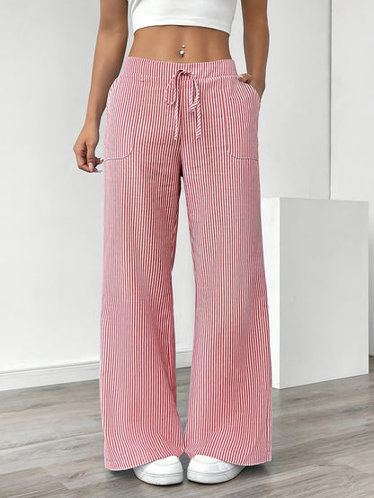Slant Pockets Wide Leg Pants, Casual Striped Print Loose Drawstring Waist Pants For Spring & Summer, Women's Clothing