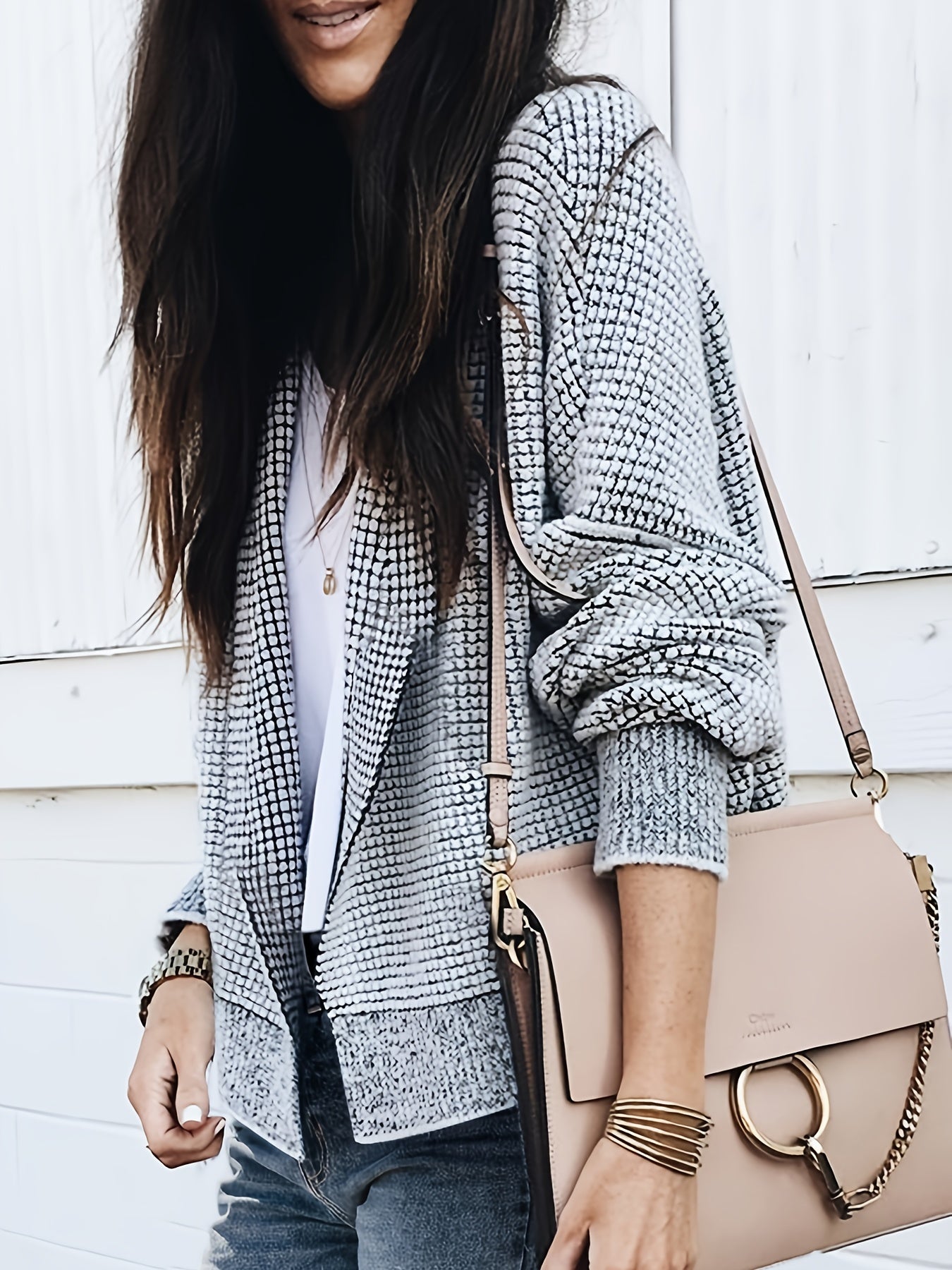 [Cozy Color-Block Cardigan] Women's Cozy Soft Grid-Pattern Color-Block Cardigan | Thick Open Front Sweater with Black & White Contrast, Fall Winter Layering Piece for Jeans & Dresses, Sweater Cardigan, Autumn Wardrobe, Colorblock Design, Durable
