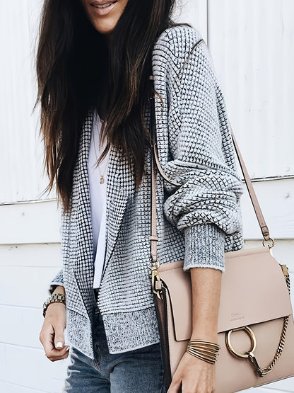 [Cozy Color-Block Cardigan] Women's Cozy Soft Grid-Pattern Color-Block Cardigan | Thick Open Front Sweater with Black & White Contrast, Fall Winter Layering Piece for Jeans & Dresses, Sweater Cardigan, Autumn Wardrobe, Colorblock Design, Durable
