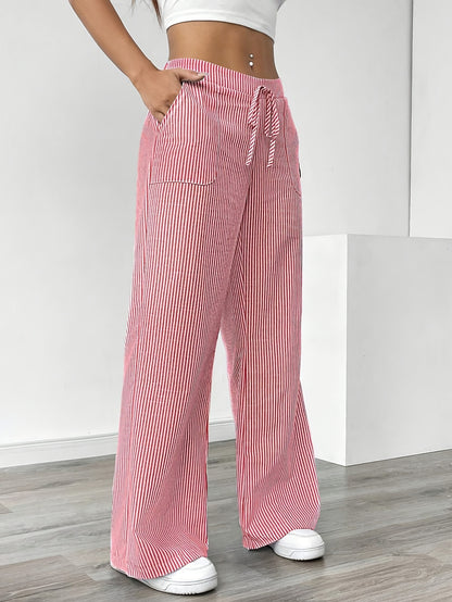 Slant Pockets Wide Leg Pants, Casual Striped Print Loose Drawstring Waist Pants For Spring & Summer, Women's Clothing