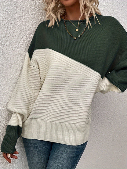 Womens Elegant Color Block Funnel Neck Pullover Sweater - Soft High Elasticity Acrylic Knit Fabric, Long Sleeve Drop Shoulder Design, Easy Care Hand Wash or Dry Clean, Perfect for Fall and Winter - Classic Style for Casual Daily Wear