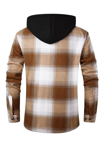Men's Fleece-Lined Hoodie - Casual & Sporty, Plaid Pullover with Button Detail, Long Sleeve, Loose Fit for Fall/Winter