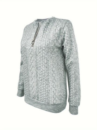 Chic Women's Half-Zip Pullover Sweatshirt - Elegant Solid Color Long Sleeve with Textured Cable Knit, Baseball Collar & Front Zipper, Polyester Blend, Machine Washable, Spring/Fall Casual Wear, Everyday Sweatshirt | Baseball Collar Top | Ribbed