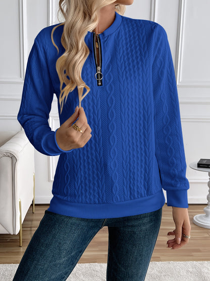 Chic Women's Half-Zip Pullover Sweatshirt - Elegant Solid Color Long Sleeve with Textured Cable Knit, Baseball Collar & Front Zipper, Polyester Blend, Machine Washable, Spring/Fall Casual Wear, Everyday Sweatshirt | Baseball Collar Top | Ribbed