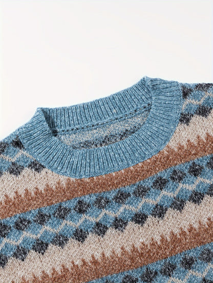 Men's Casual Color-Block Geometric Knit Sweater - Loose Fit Ribbed Detail Pullover, Machine Washable Autumn Winter Warm Crewneck Sweater for Casual Attire, Knitted Sweater, Durable Winter Wear