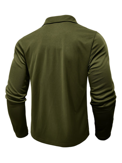 2024 Fall Casual Men'S Long Sleeve Polo Shirt with Color Block Design, Polyester Knit Fabric, Regular Fit, Half Placket, and Slight Stretch