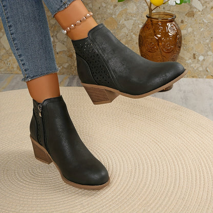 [Chunky Mid-Heel Ankle Boots] Comfortable & Durable Women's Chunky Mid-Heel Slip-On Ankle Boots | Laser-Cut Design, Round Toe, Plastic & PU Cover, All-Season Versatile Casual & Formal Footwear (Black), Block Heel