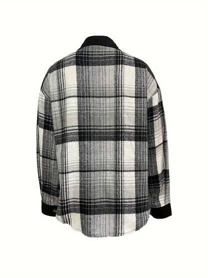 Plaid Print Drop Shoulder Jacket, Casual Lapel Neck Long Sleeve Button Front Jacket For Fall & Spring, Women's Clothing