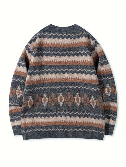 Men's Casual Color-Block Geometric Knit Sweater - Loose Fit Ribbed Detail Pullover, Machine Washable Autumn Winter Warm Crewneck Sweater for Casual Attire, Knitted Sweater, Durable Winter Wear