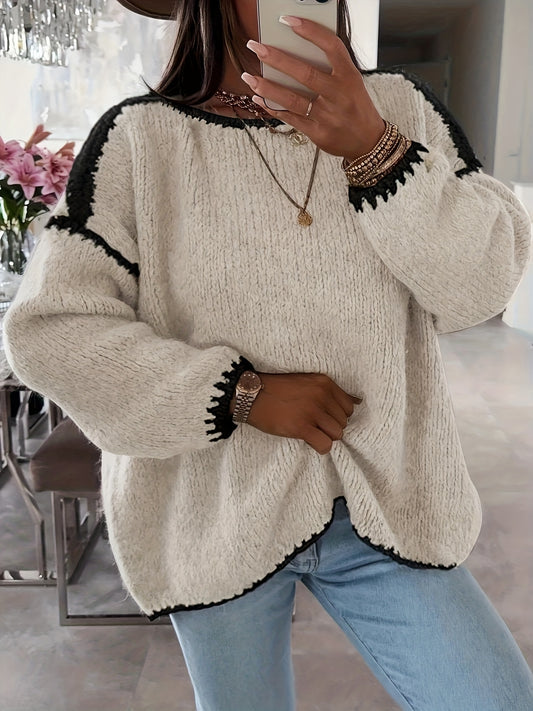Solid Off-the-Shoulder Color Block Knit Sweater - Casual, Polyester, Fall/Winter, Knit Fabric, 88.2 g/m²