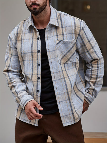 Men's Casual Flannel Shirt Coat - Solid Color Lapel Button-Up with Chest Pocket, Machine Washable Non-Stretch Fabric, Regular Fit Autumn Winter Outerwear, Autumn Apparel, Flannel, Long Sleeve Button Casual Shirt
